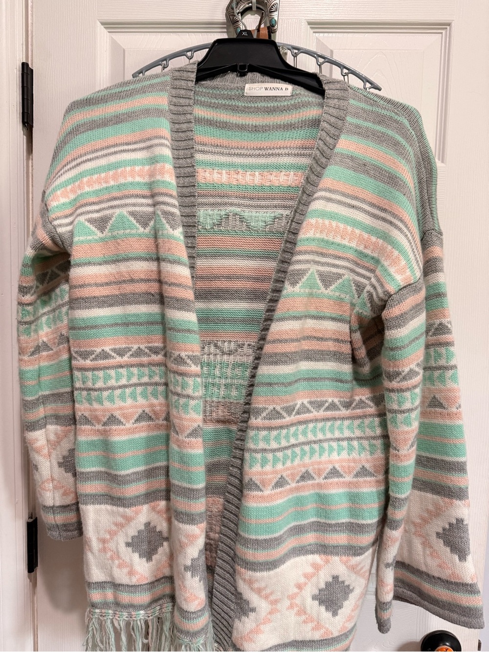 Striped Open-Front Cardigan Sweater - Mint, Gray & Peach